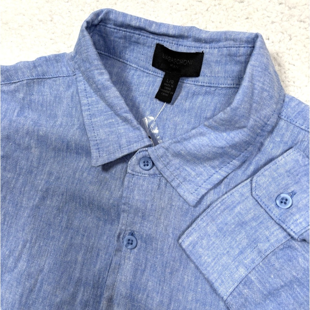 Magaschoni Mens Linen Blend Chambray Button Shirt Mens L (FIT M) Blue MSRP $78‎